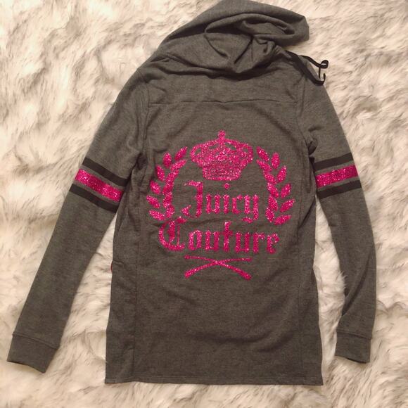 Juicy Couture Graphic Gray & Pink Glitter Athleisure Zip Up Hoodie Y2k Vibes - Picture 3 of 11